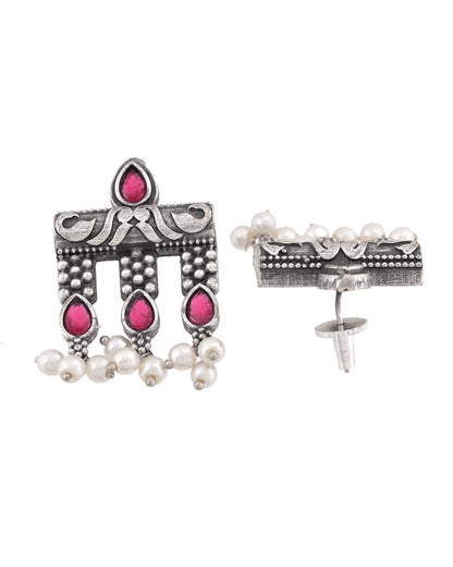VOJ Silver Plated Designer Oxidized Studs Earrings