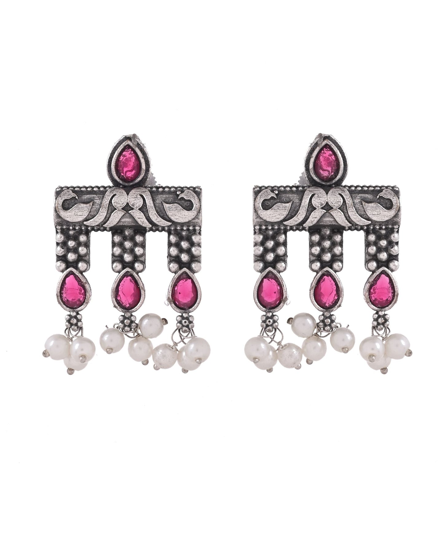 VOJ Silver Plated Designer Oxidized Studs Earrings