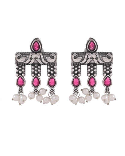 VOJ Silver Plated Designer Oxidized Studs Earrings