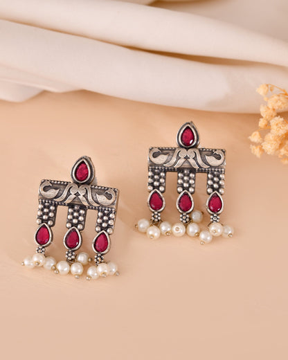 VOJ Silver Plated Designer Oxidized Studs Earrings