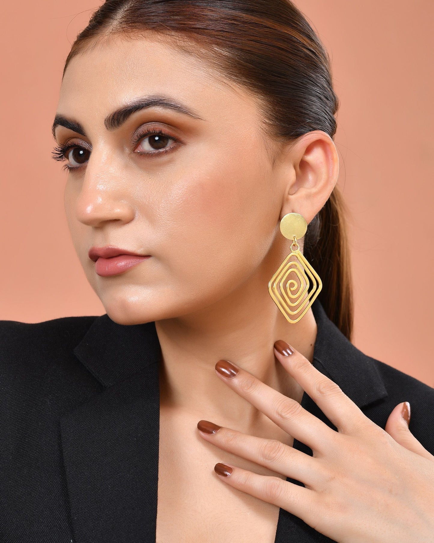 VOJ Gold Plated Square Twisted Designed Drop Earrings