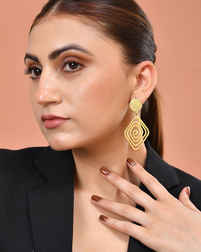 VOJ Gold Plated Square Twisted Designed Drop Earrings