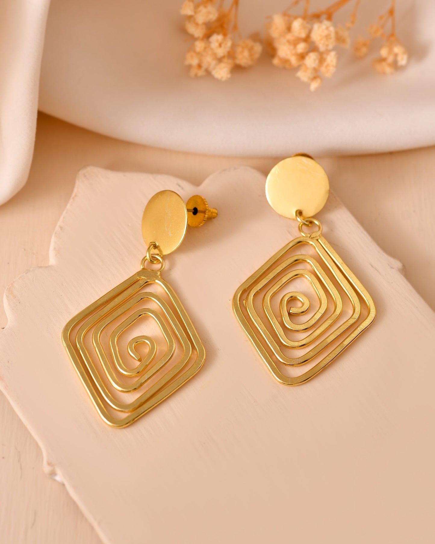 VOJ Gold Plated Square Twisted Designed Drop Earrings