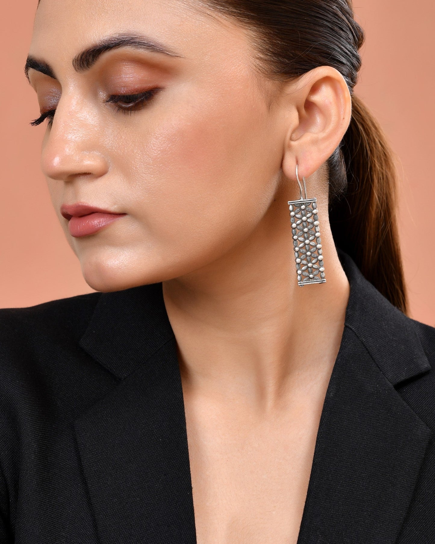 VOJ Silver Plated Beat Studded Designer Drop Earrings