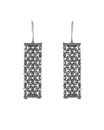 VOJ Silver Plated Beat Studded Designer Drop Earrings