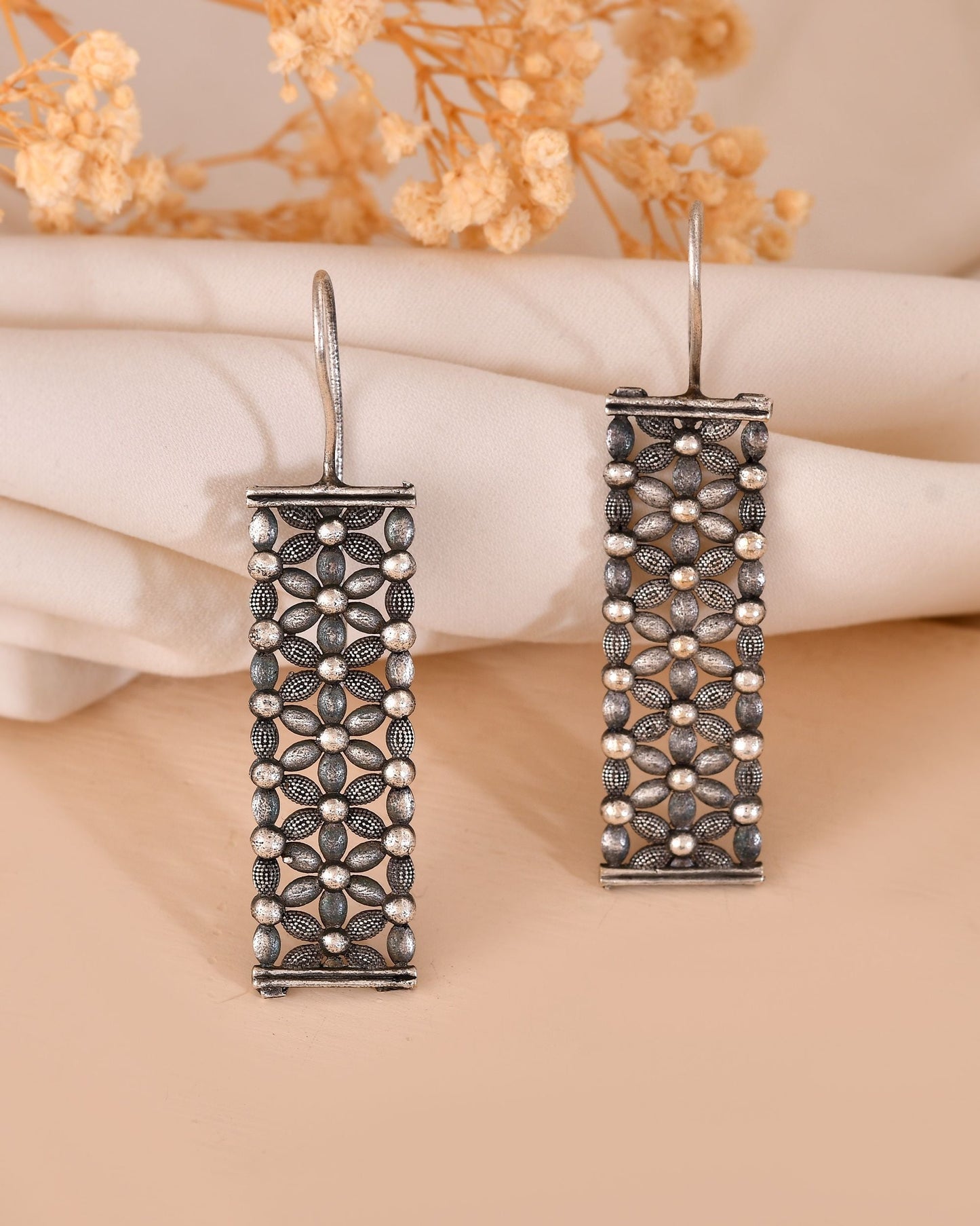 VOJ Silver Plated Beat Studded Designer Drop Earrings