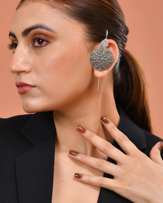 VOJ Silver Toned Floral Design Oxidized Ear Cuff Earrings