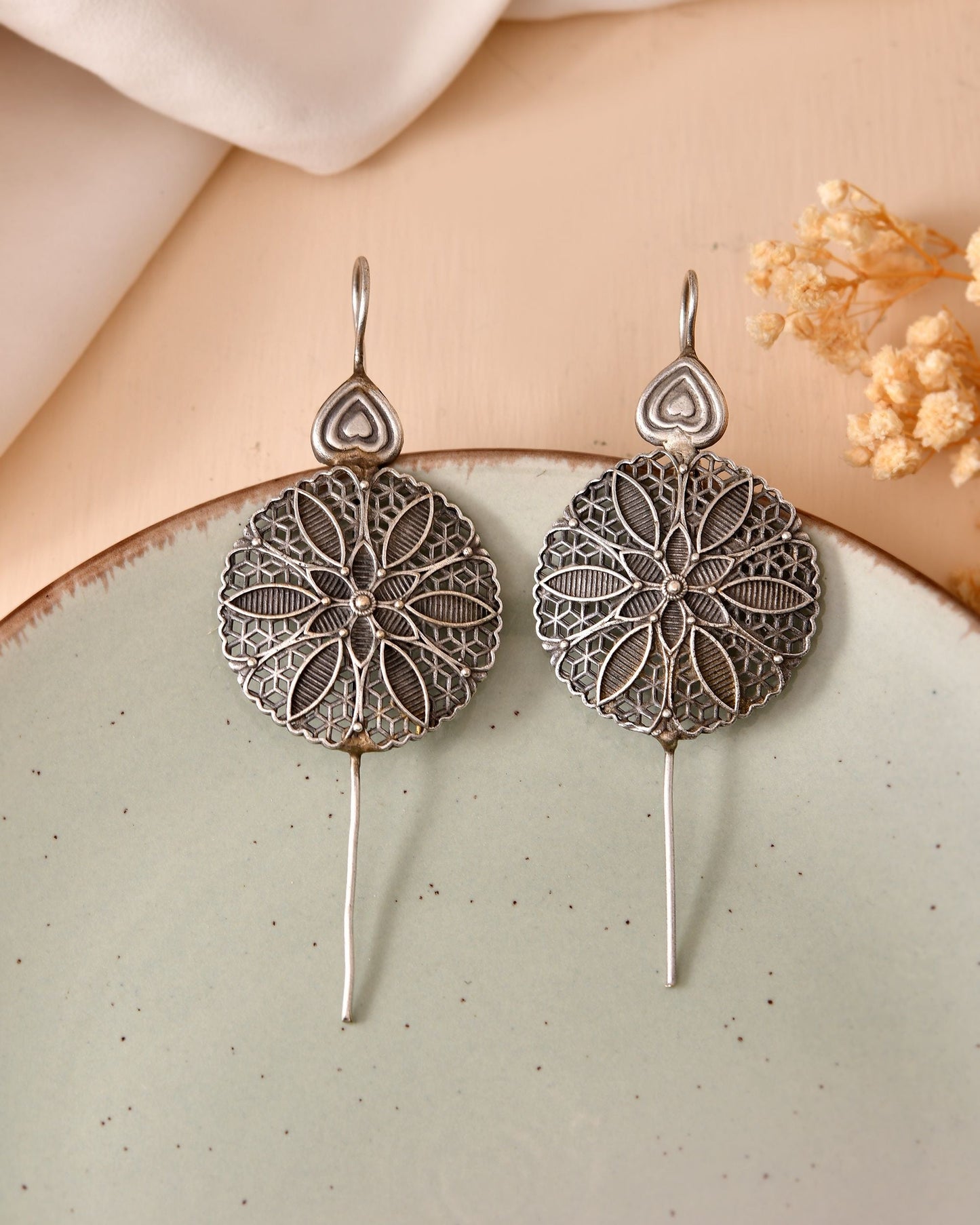 VOJ Silver Toned Floral Design Oxidized Ear Cuff Earrings
