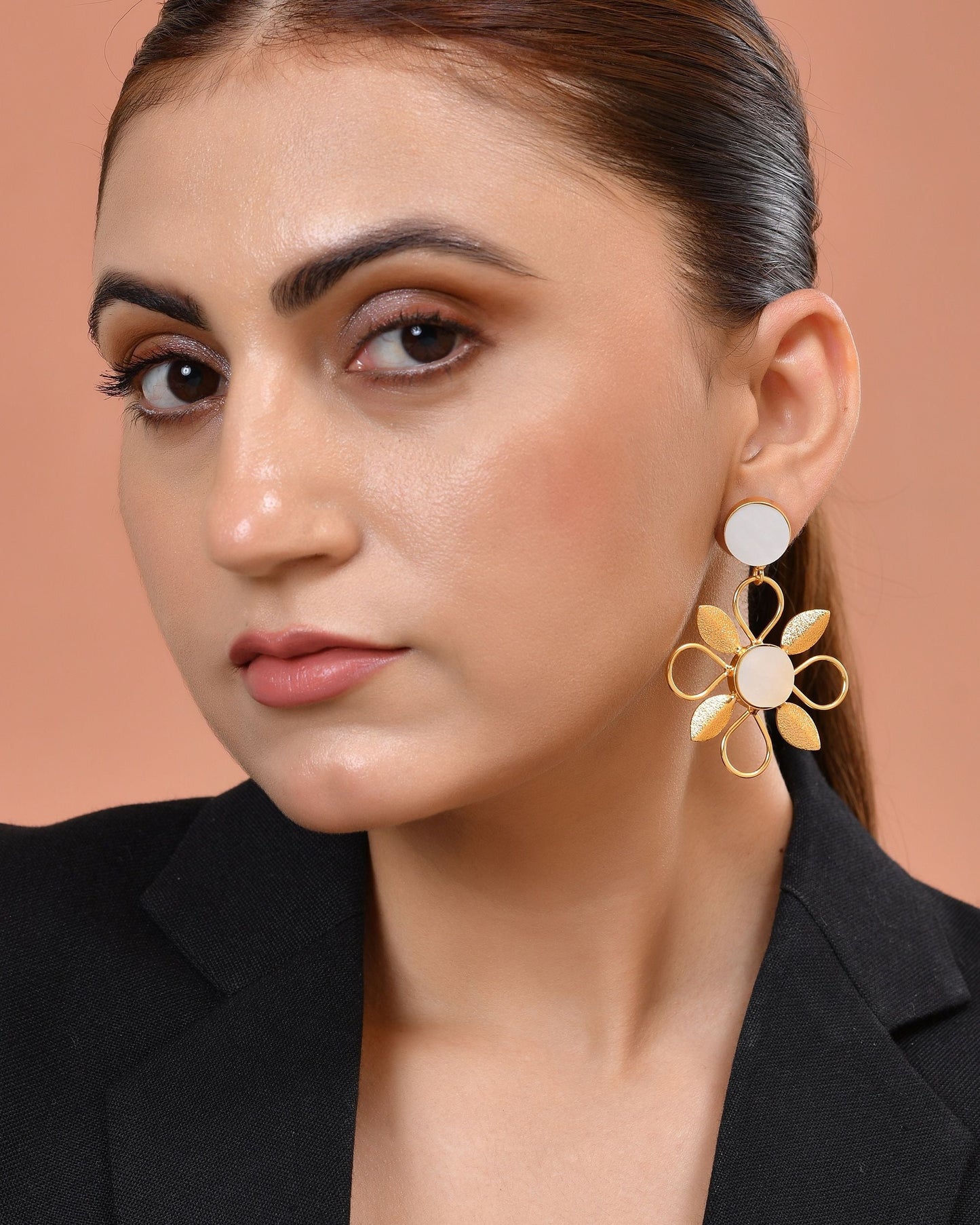 VOJ Gold Plated Floral Shaped Stone Studded Drop Earrings