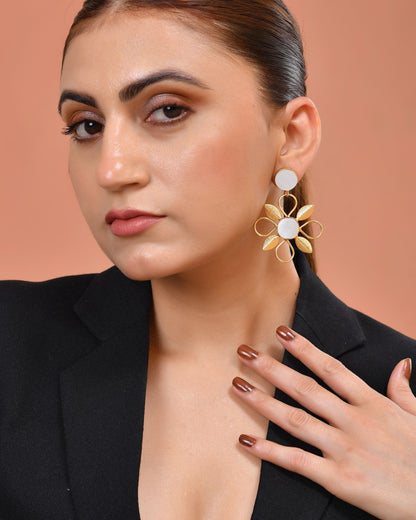 VOJ Gold Plated Floral Shaped Stone Studded Drop Earrings