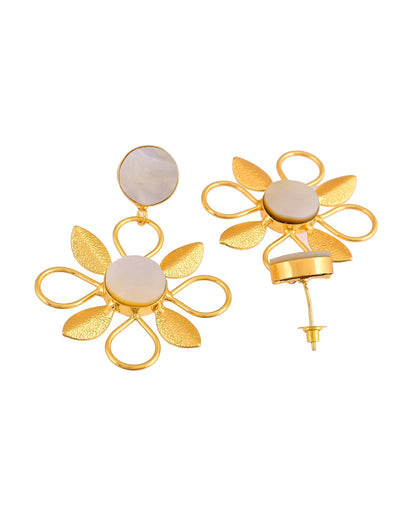 VOJ Gold Plated Floral Shaped Stone Studded Drop Earrings