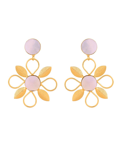 VOJ Gold Plated Floral Shaped Stone Studded Drop Earrings