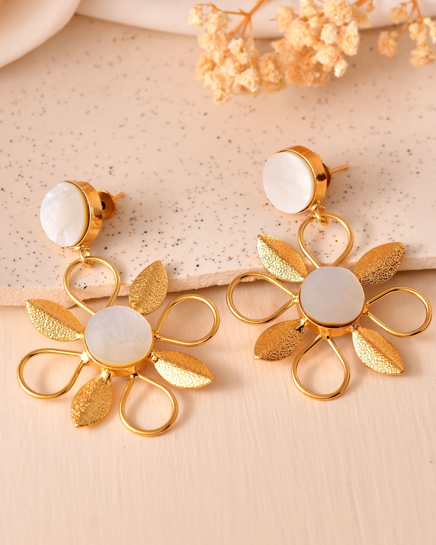 VOJ Gold Plated Floral Shaped Stone Studded Drop Earrings
