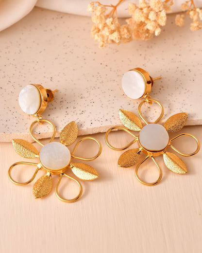 VOJ Gold Plated Floral Shaped Stone Studded Drop Earrings