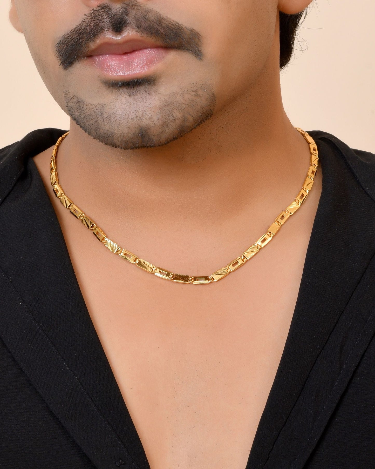 VOJ Gold Toned Rectangular Designed Biscuit Chain For Men