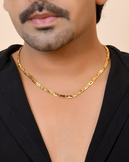 VOJ Gold Toned Rectangular Designed Biscuit Chain For Men