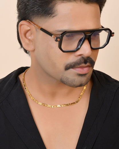 VOJ Gold Toned Rectangular Designed Biscuit Chain For Men