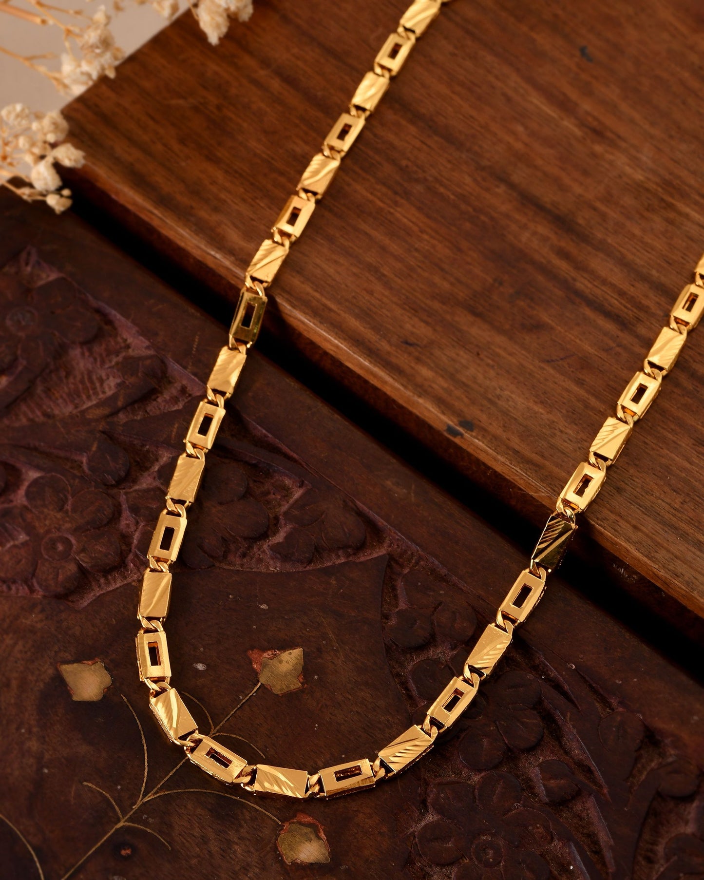 VOJ Gold Toned Rectangular Designed Biscuit Chain For Men