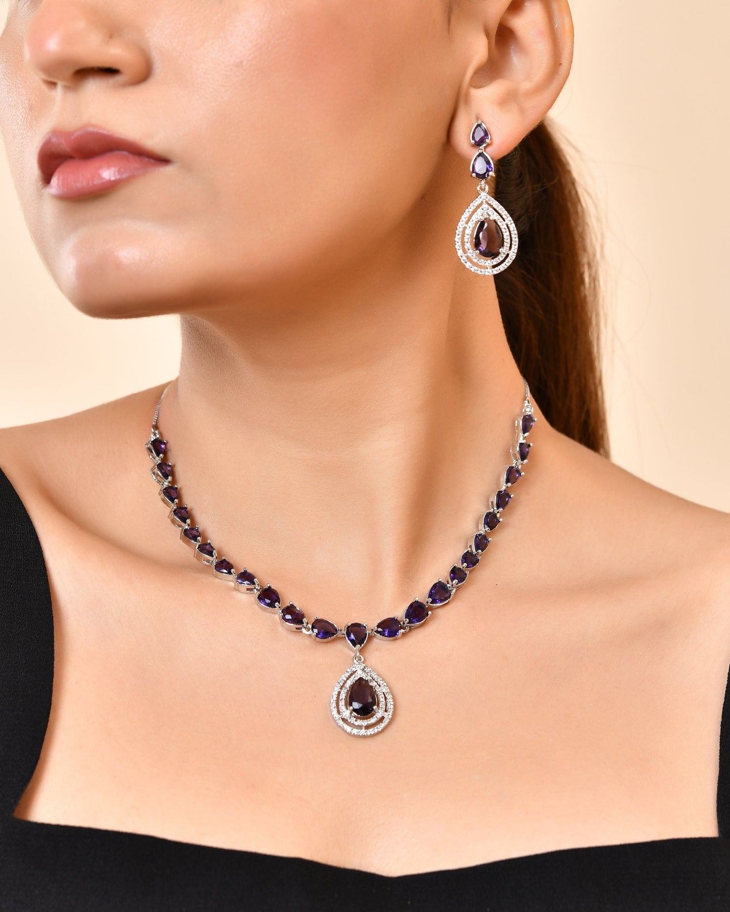 VOJ Silver Toned Purple Tear Drop Shaped Stone Ad Necklace Set