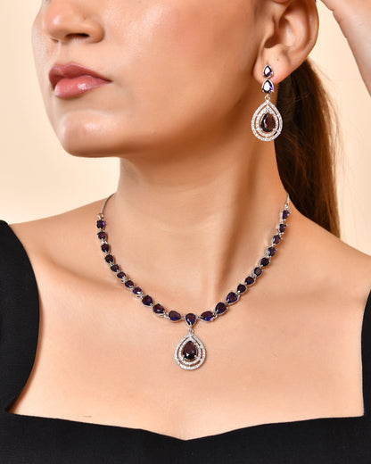 VOJ Silver Toned Purple Tear Drop Shaped Stone Ad Necklace Set