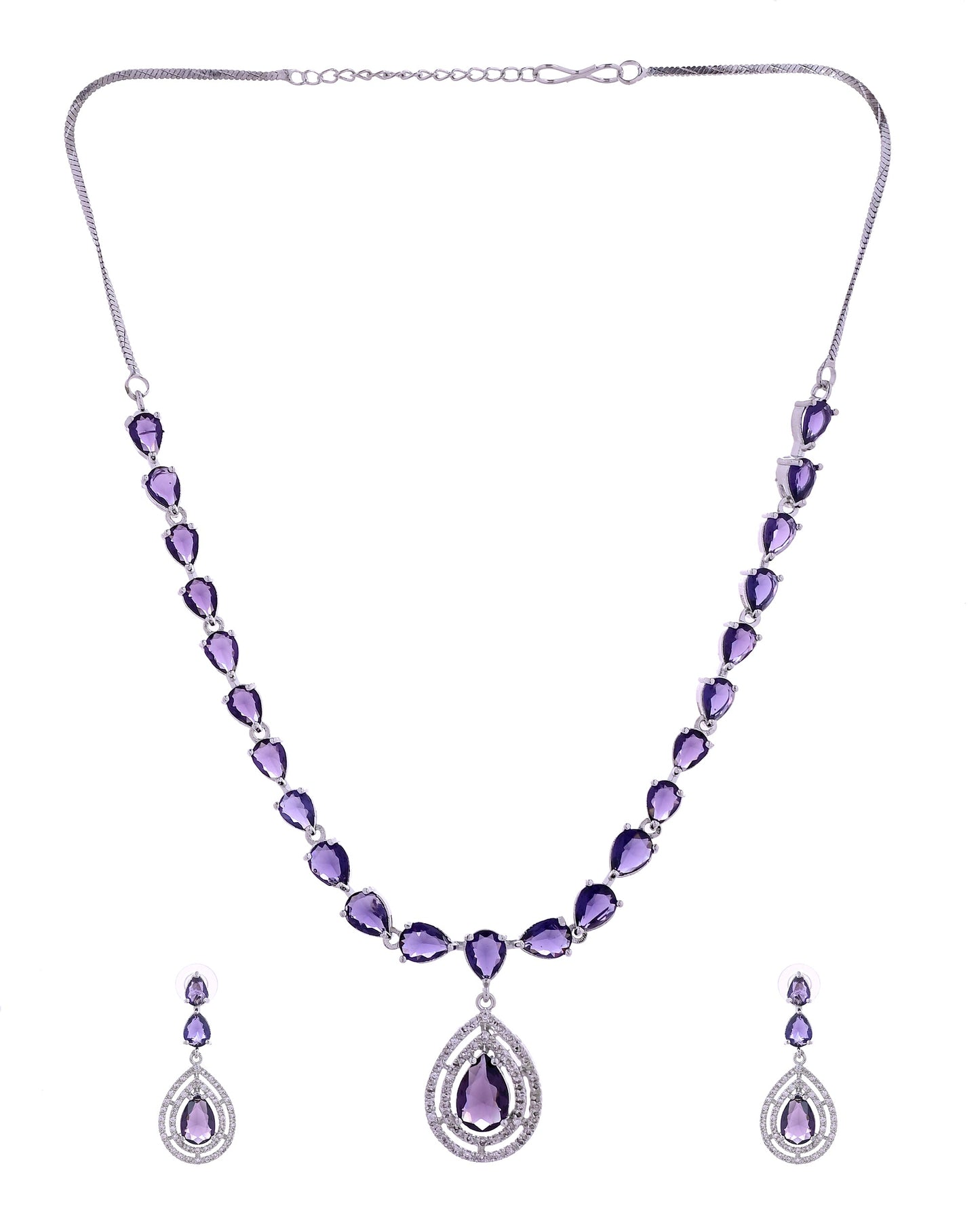 VOJ Silver Toned Purple Tear Drop Shaped Stone Ad Necklace Set