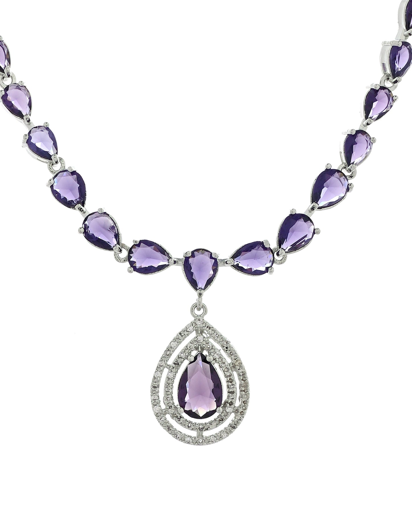 VOJ Silver Toned Purple Tear Drop Shaped Stone Ad Necklace Set