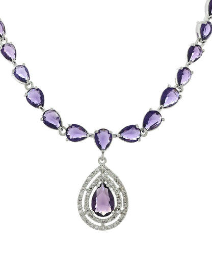 VOJ Silver Toned Purple Tear Drop Shaped Stone Ad Necklace Set