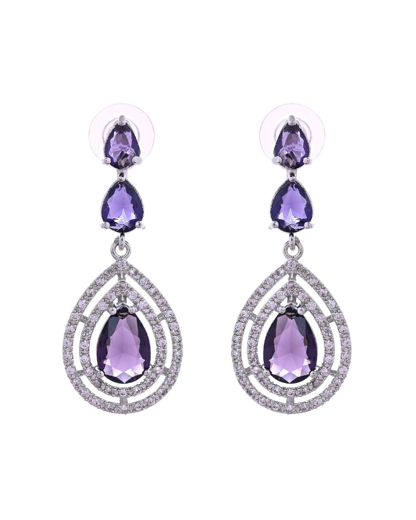 VOJ Silver Toned Purple Tear Drop Shaped Stone Ad Necklace Set
