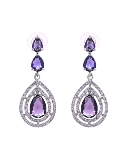 VOJ Silver Toned Purple Tear Drop Shaped Stone Ad Necklace Set