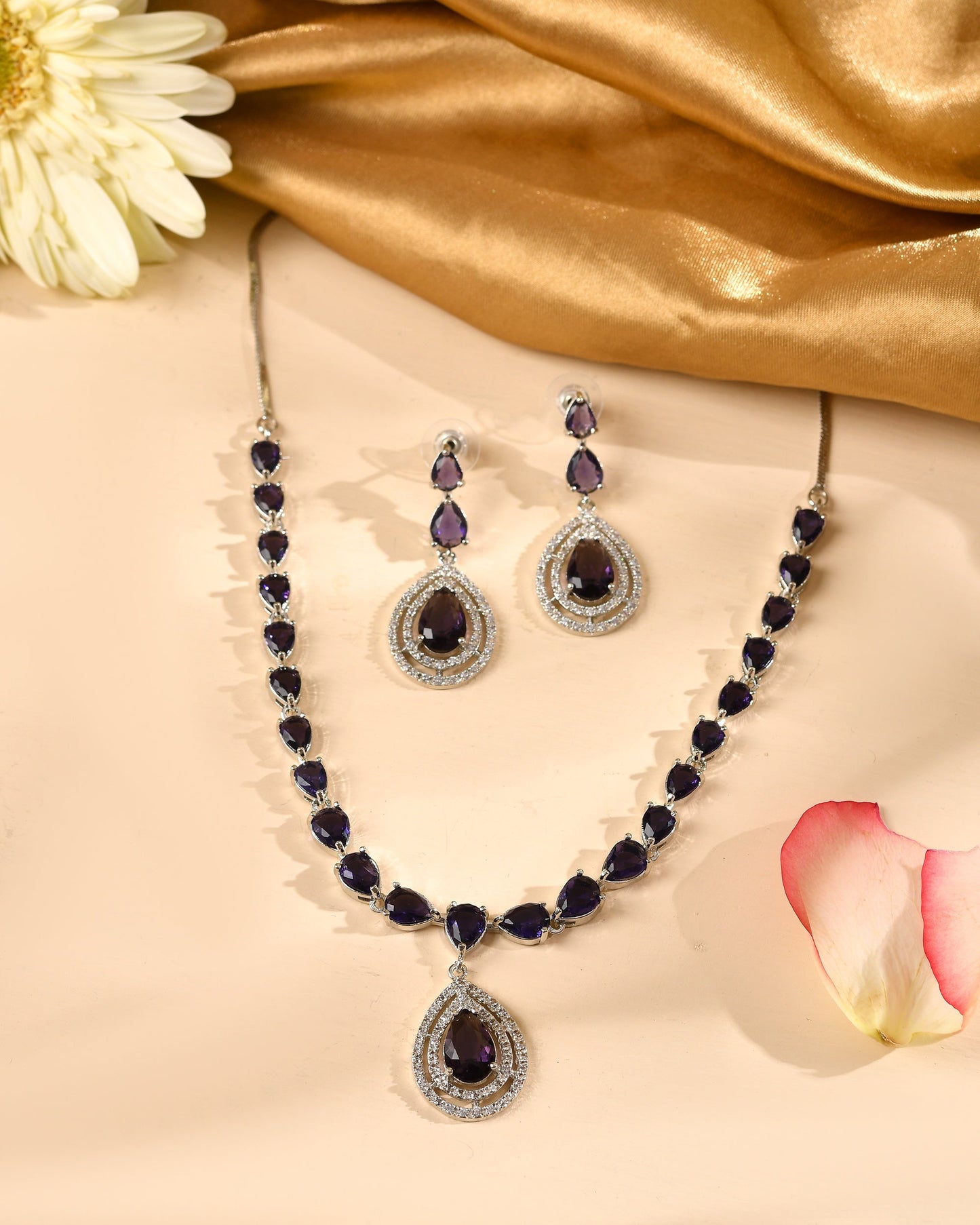 VOJ Silver Toned Purple Tear Drop Shaped Stone Ad Necklace Set