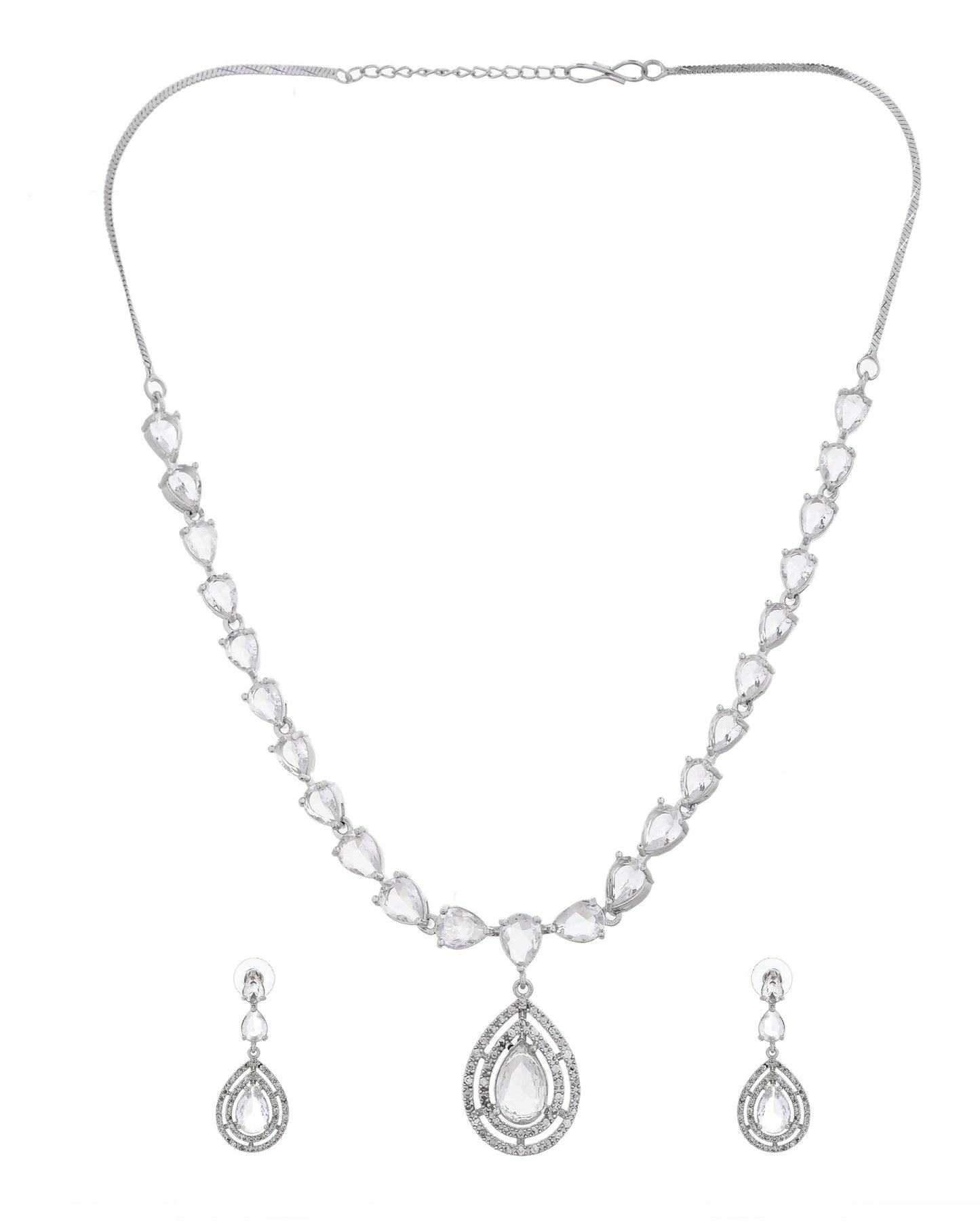 VOJ Silver Toned Tear Drop Shaped Stone Ad Necklace Set