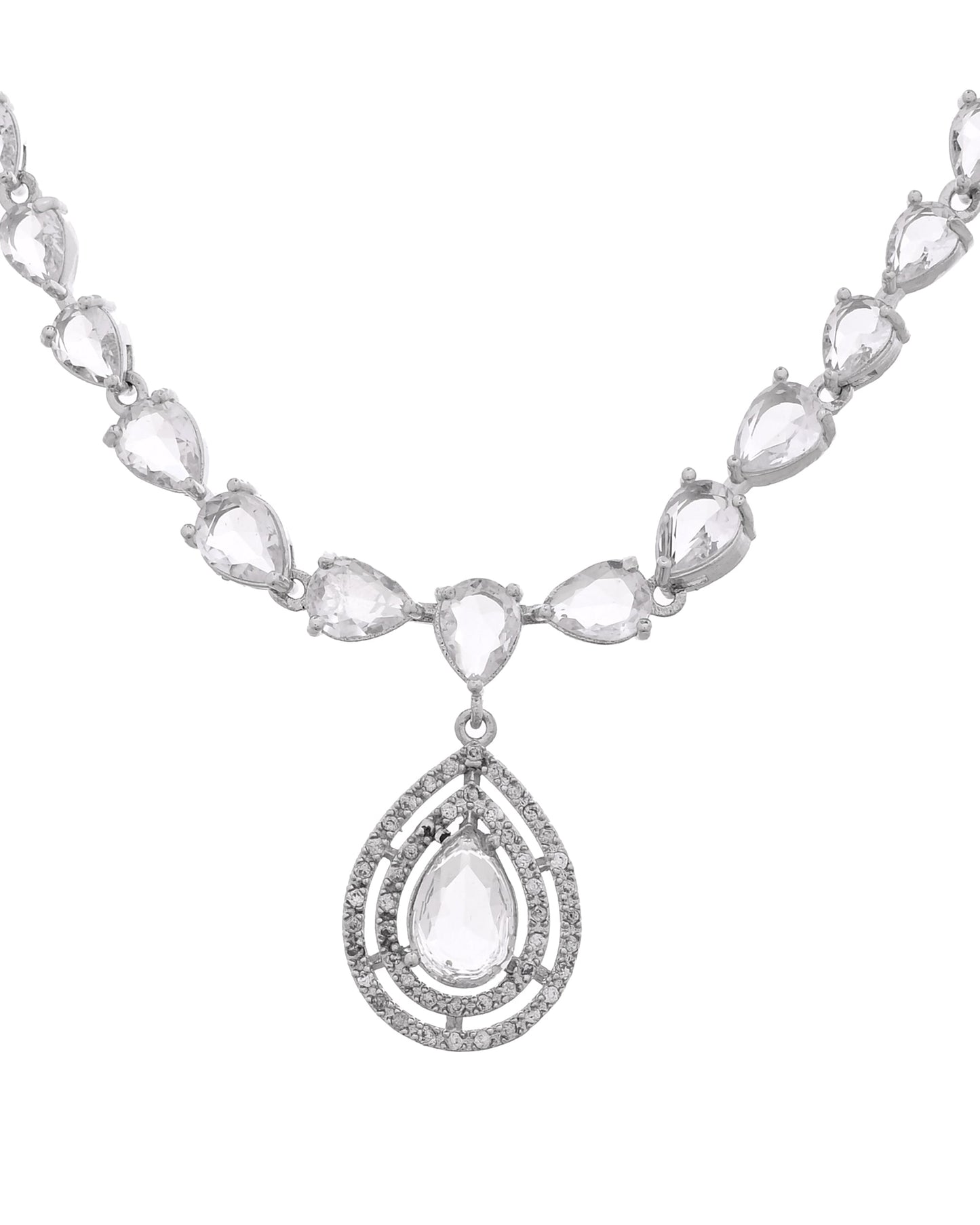 VOJ Silver Toned Tear Drop Shaped Stone Ad Necklace Set
