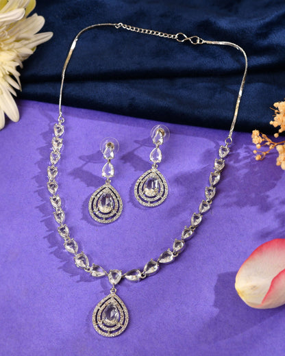 VOJ Silver Toned Tear Drop Shaped Stone Ad Necklace Set