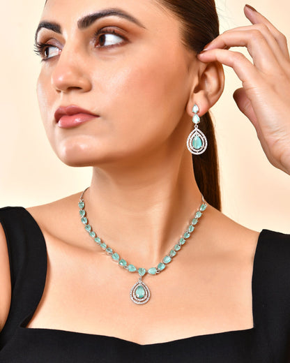 VOJ Silver Toned Teal Green Teardrop Shaped Stone Ad Necklace Set