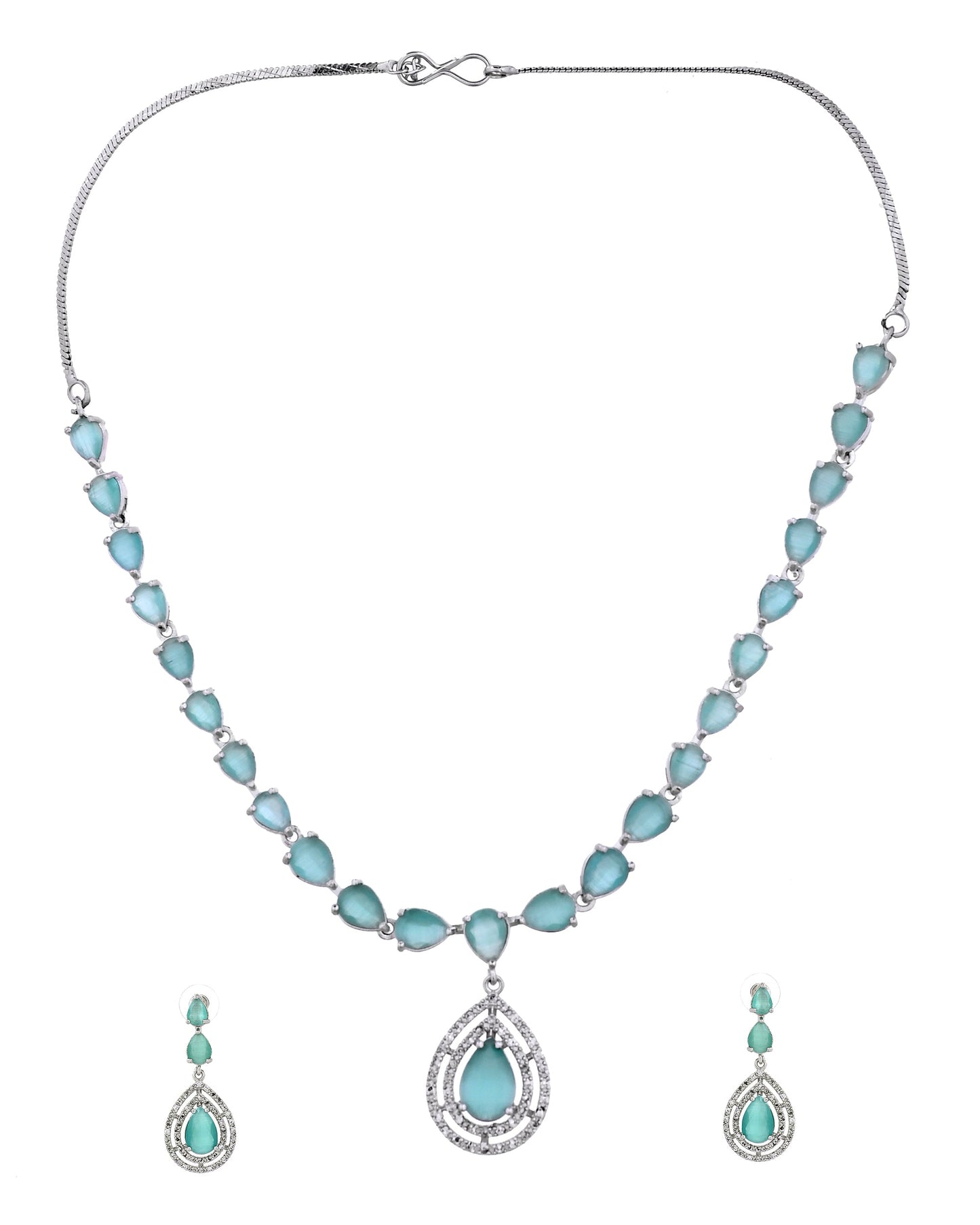 VOJ Silver Toned Teal Green Teardrop Shaped Stone Ad Necklace Set