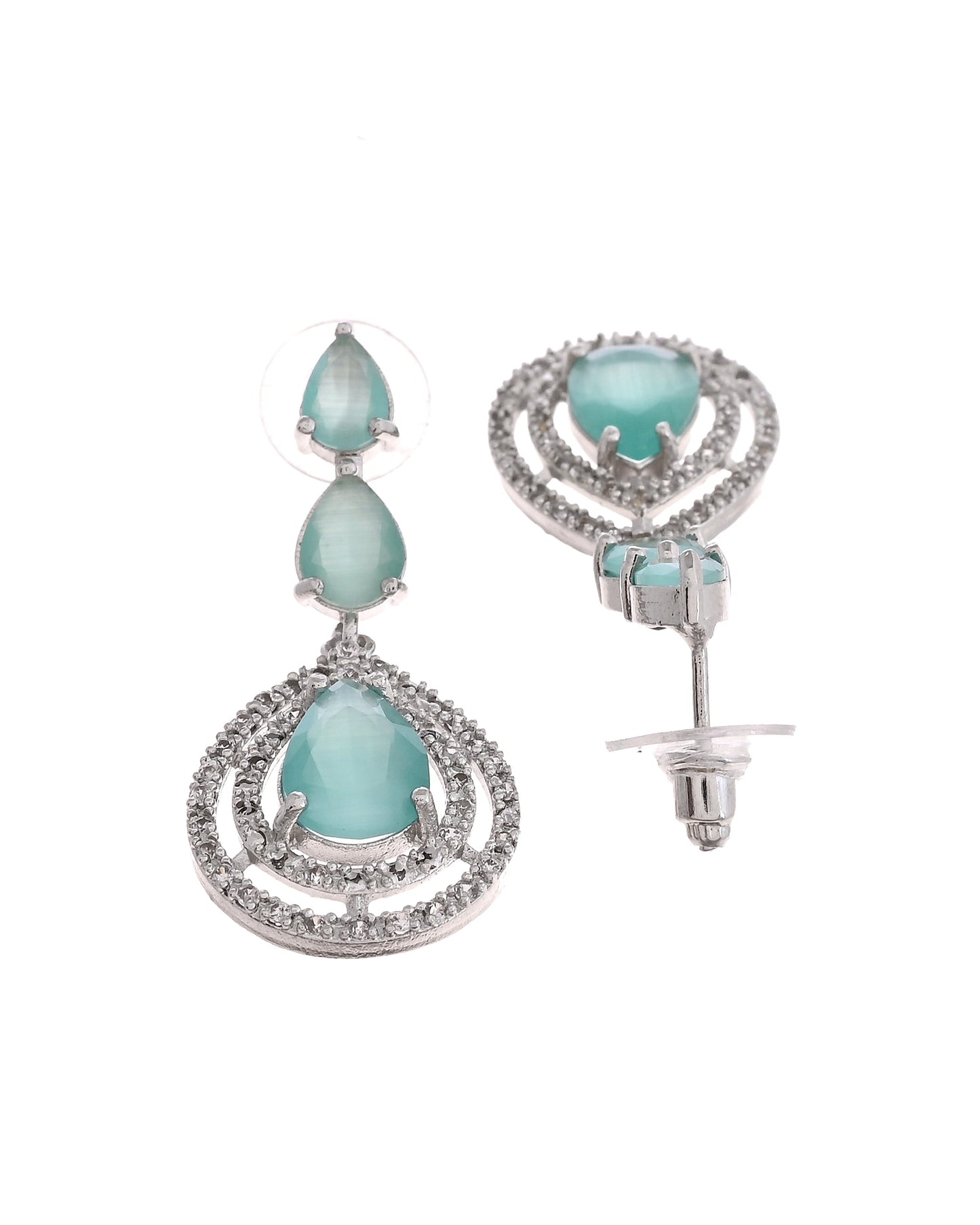 VOJ Silver Toned Teal Green Teardrop Shaped Stone Ad Necklace Set