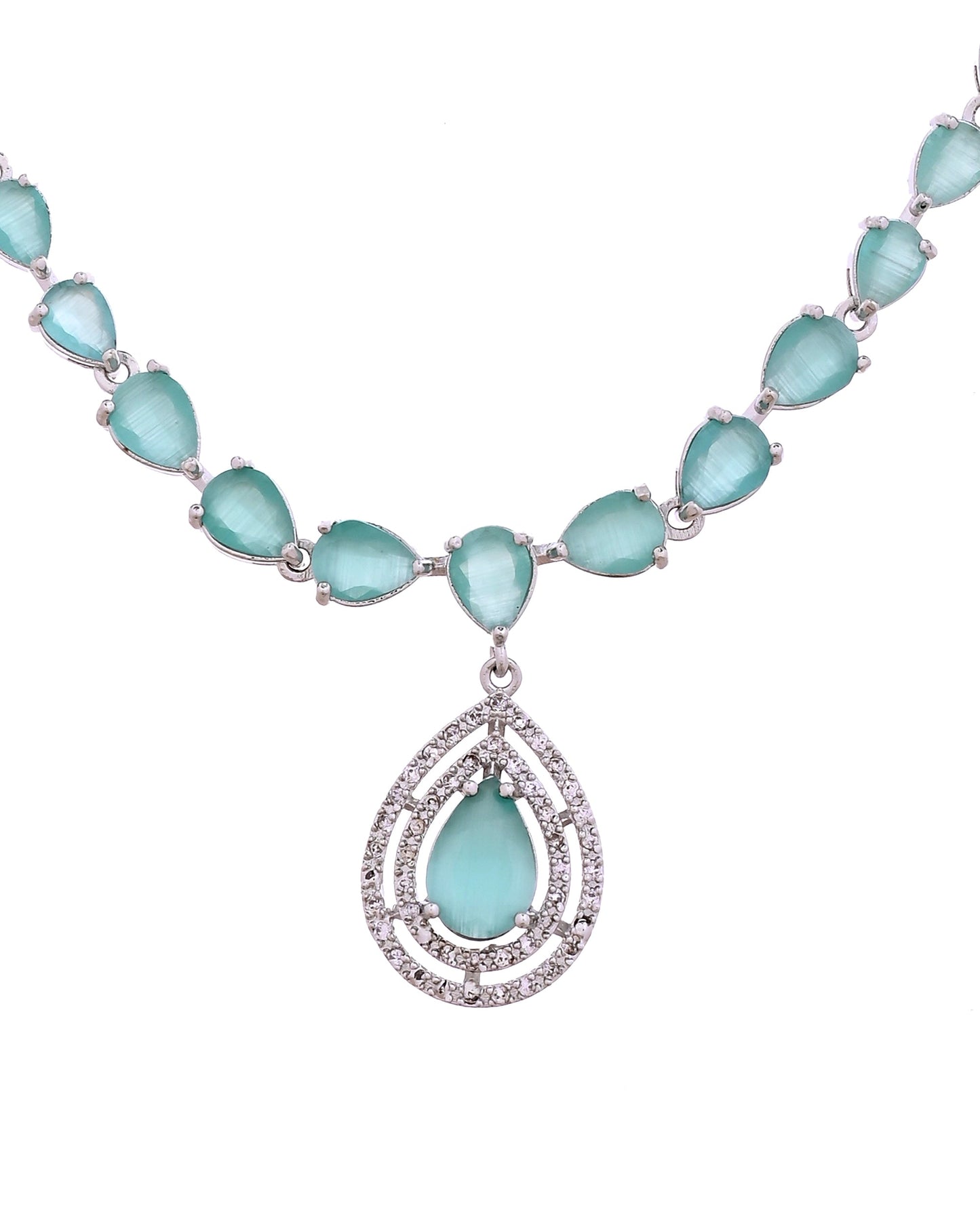 VOJ Silver Toned Teal Green Teardrop Shaped Stone Ad Necklace Set