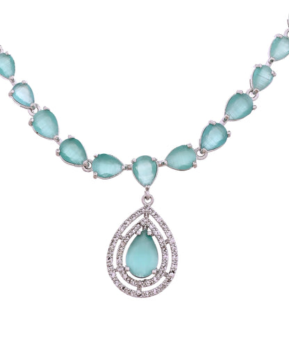 VOJ Silver Toned Teal Green Teardrop Shaped Stone Ad Necklace Set