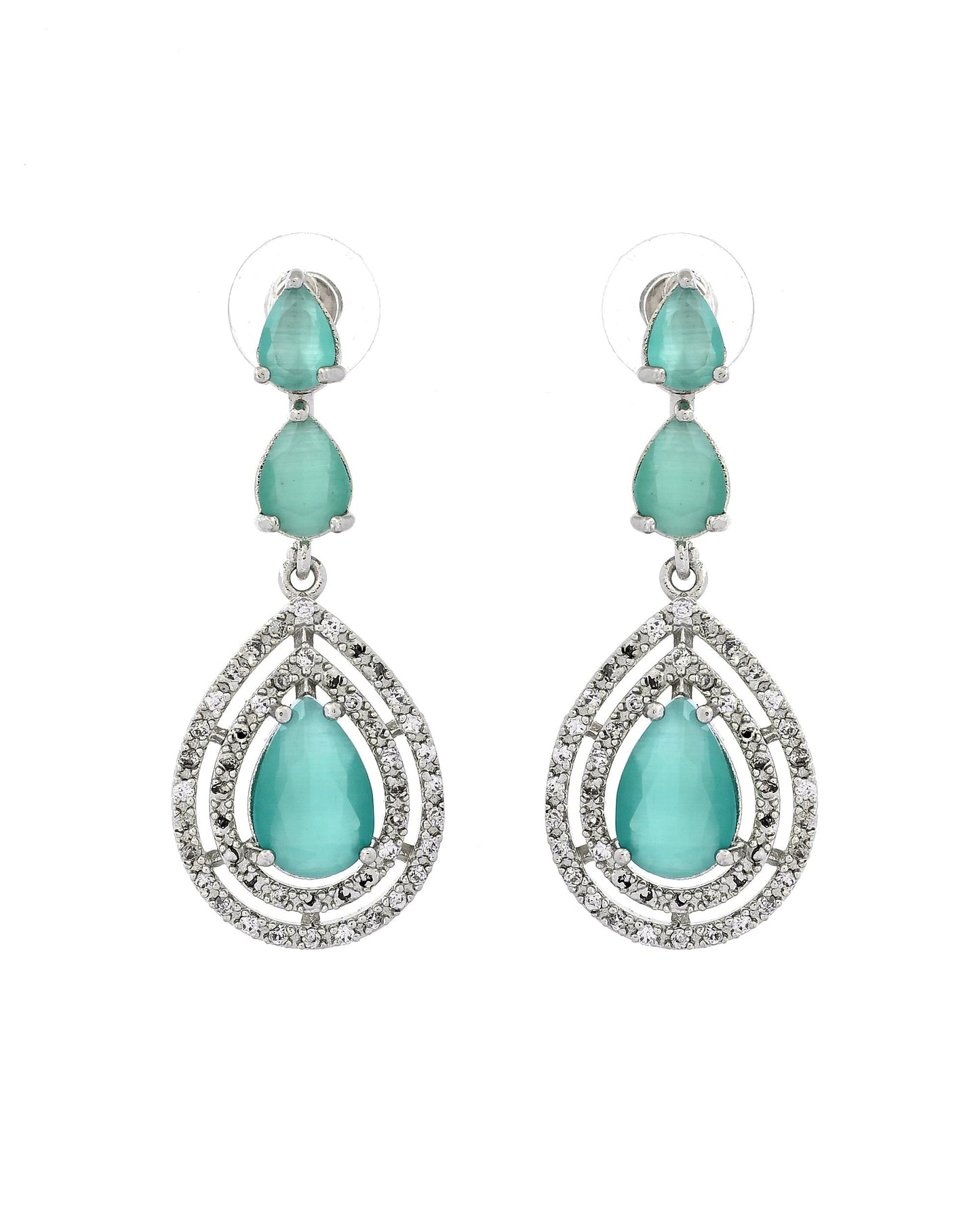 VOJ Silver Toned Teal Green Teardrop Shaped Stone Ad Necklace Set