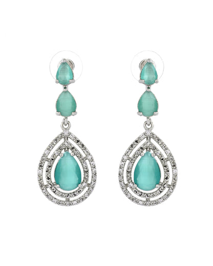 VOJ Silver Toned Teal Green Teardrop Shaped Stone Ad Necklace Set