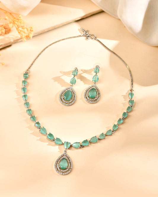 VOJ Silver Toned Teal Green Teardrop Shaped Stone Ad Necklace Set