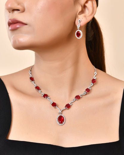 VOJ Silver Plated Oval Ruby Red Stone Studded Ad Jewellery Set