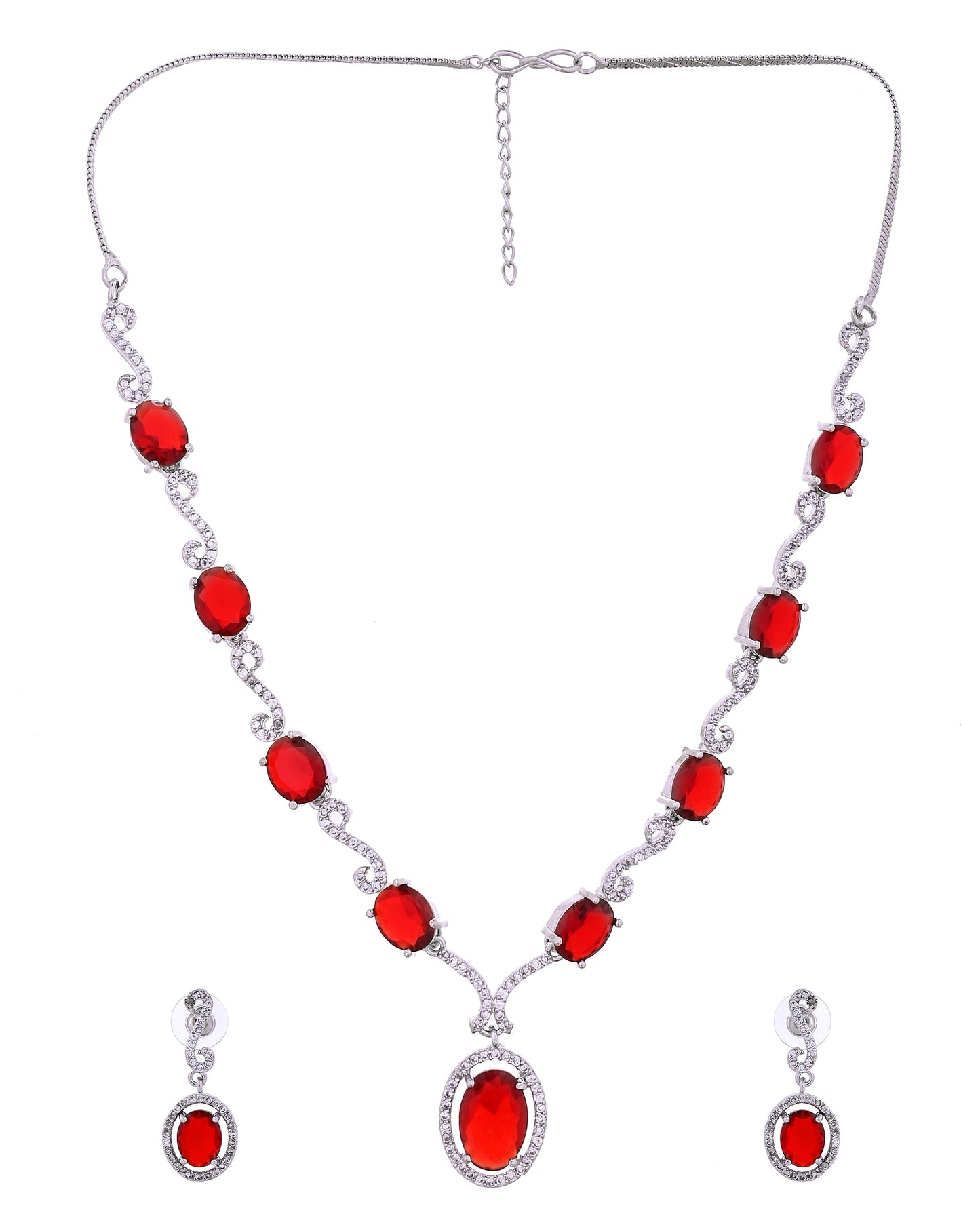 VOJ Silver Plated Oval Ruby Red Stone Studded Ad Jewellery Set