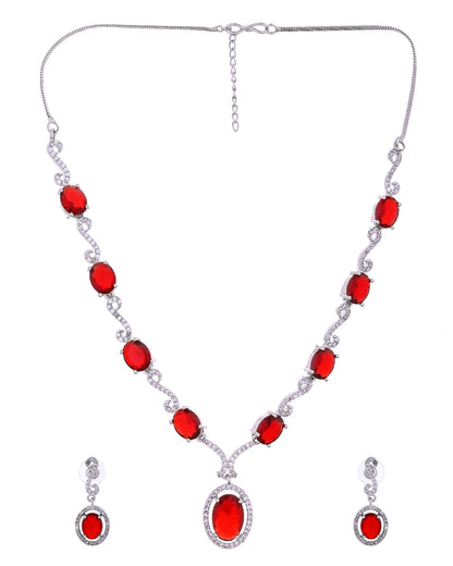 VOJ Silver Plated Oval Ruby Red Stone Studded Ad Jewellery Set