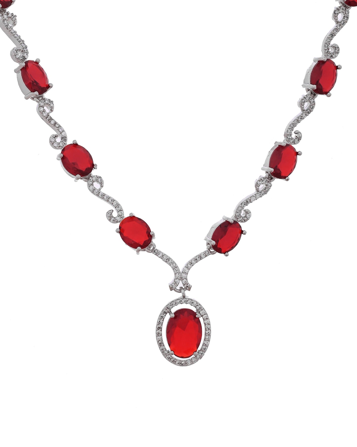 VOJ Silver Plated Oval Ruby Red Stone Studded Ad Jewellery Set