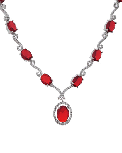 VOJ Silver Plated Oval Ruby Red Stone Studded Ad Jewellery Set