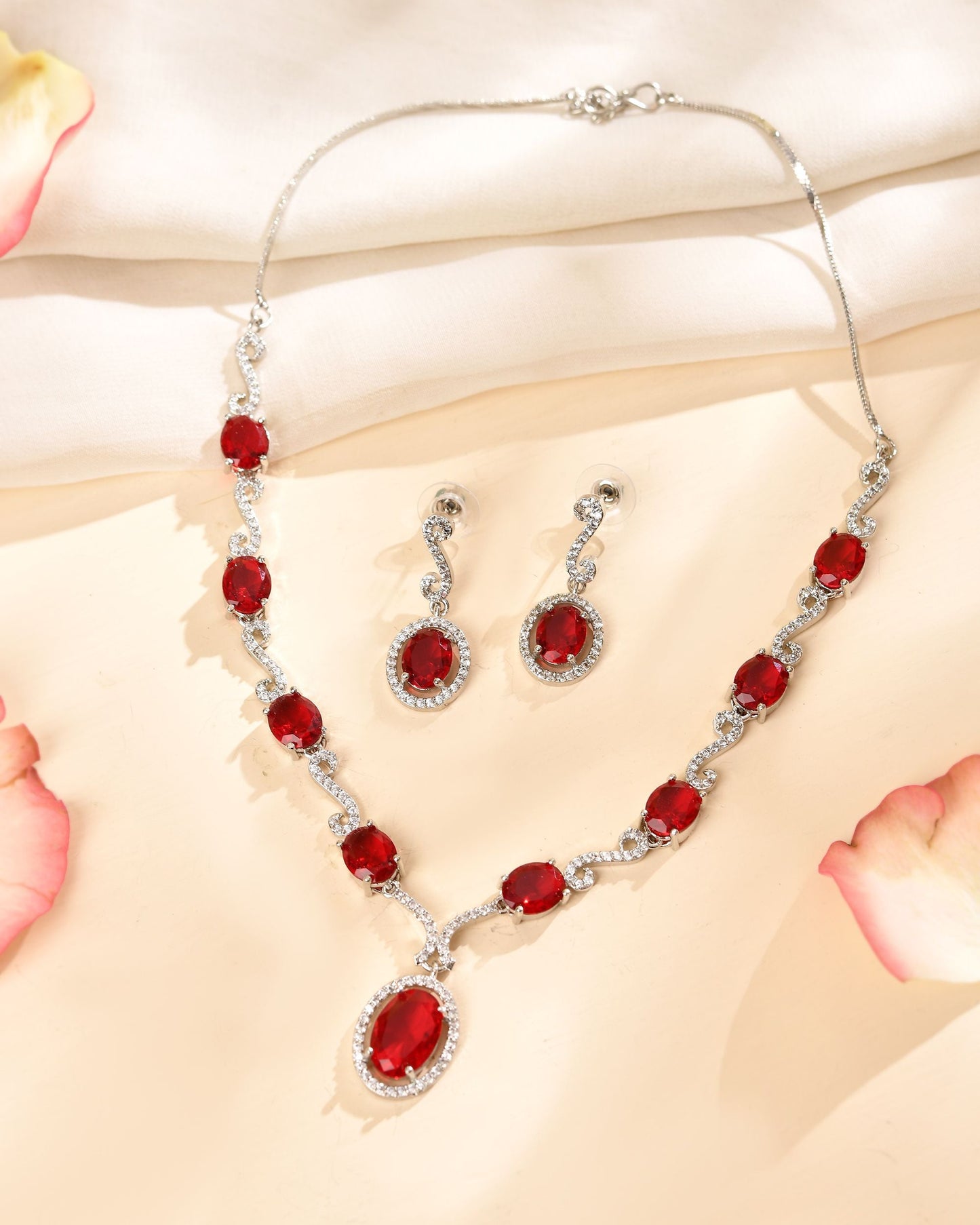VOJ Silver Plated Oval Ruby Red Stone Studded Ad Jewellery Set