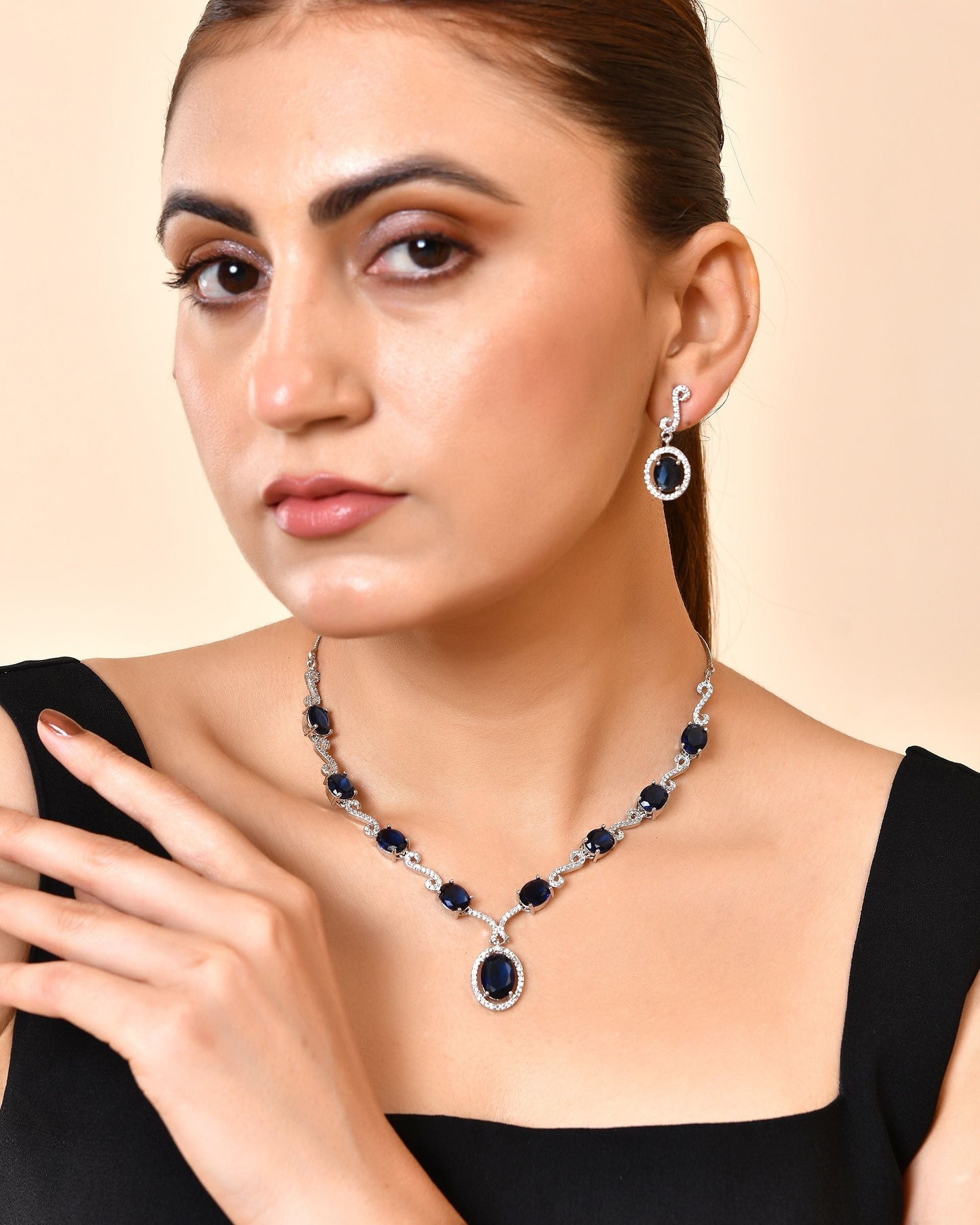 VOJ Silver Plated Oval Blue Stone Studded Ad Jewellery Set