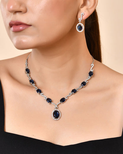 VOJ Silver Plated Oval Blue Stone Studded Ad Jewellery Set