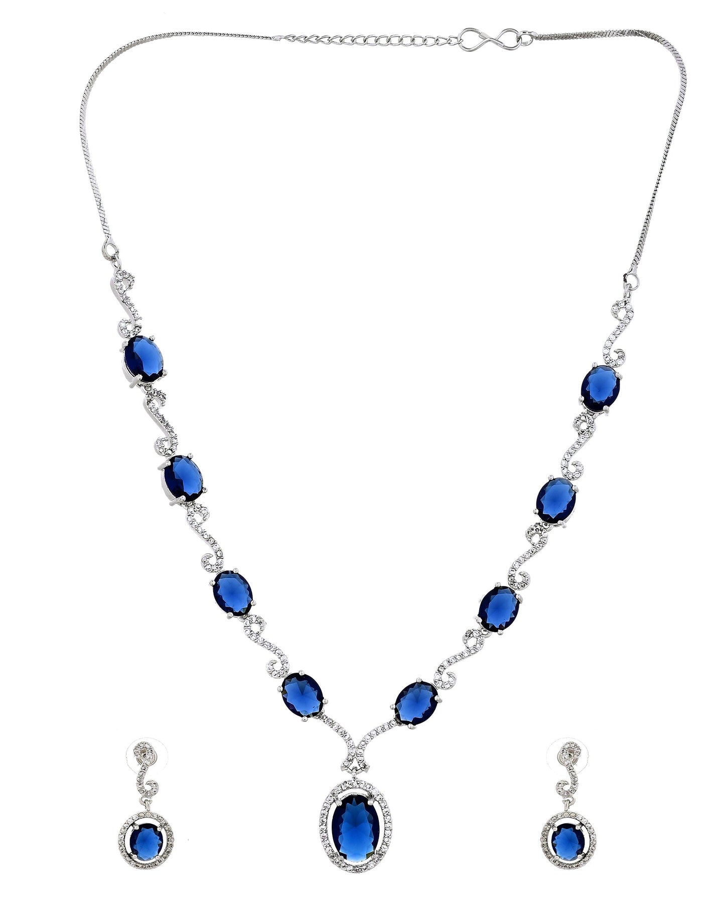 VOJ Silver Plated Oval Blue Stone Studded Ad Jewellery Set